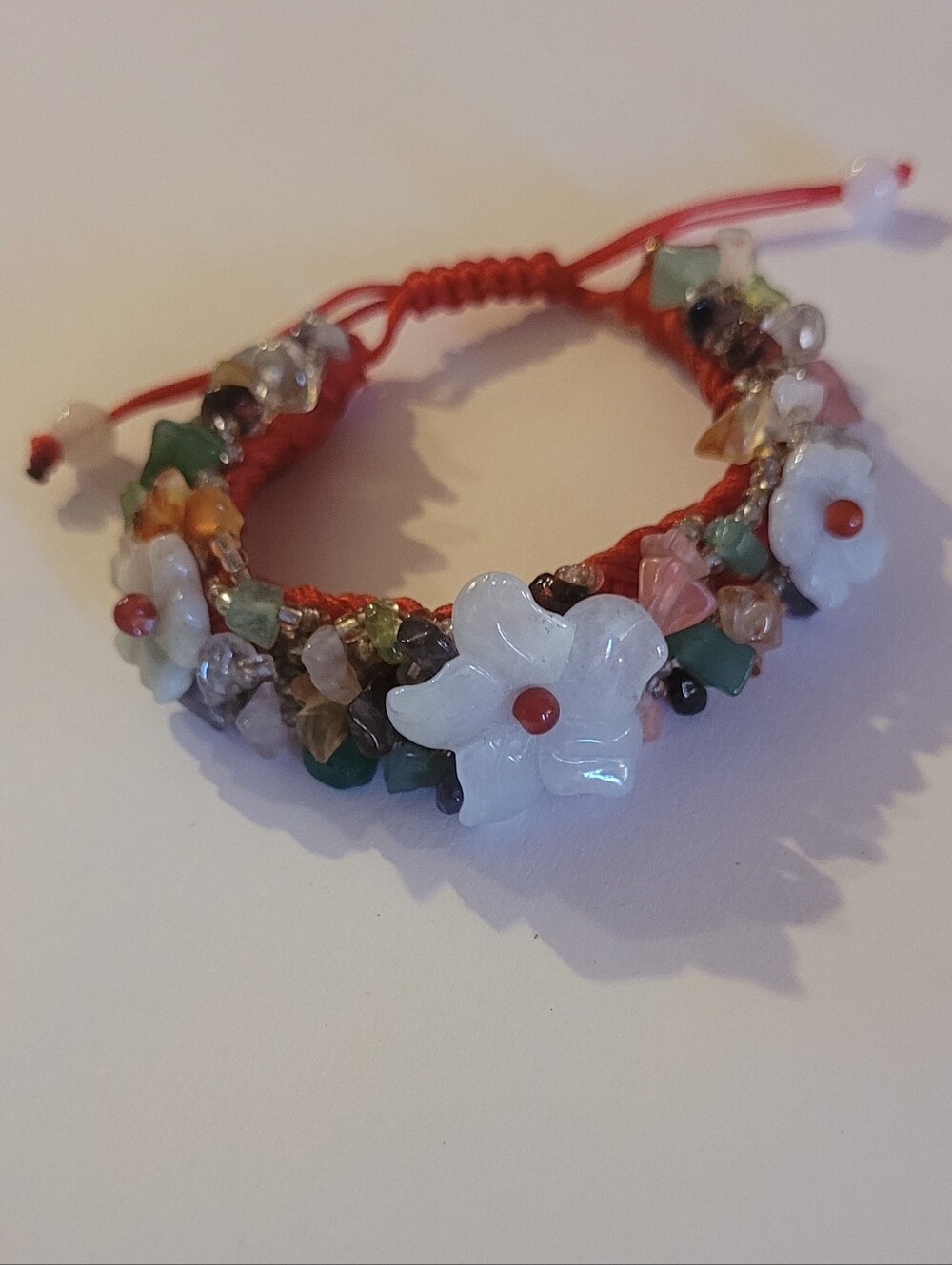 Carved Jade MOP Flower Amethyst Topaz Pebble Knotted Red Cord Bracelet